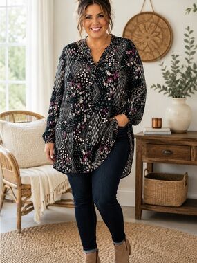 Style & Co Black Boho Floral Mixed Print Button Front Tunic Blouse XXL A18